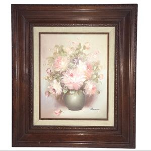 Framed 90's Oil Painting Pink Florals in Green Vase 13" X 16"